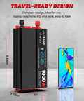 1000W Continuous Power Inverter For Vehicles And Home Use With LCD Display, next to smartphone, dimensions shown