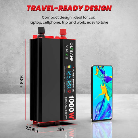 1000W Continuous Power Inverter For Vehicles And Home Use With LCD Display, next to smartphone, dimensions shown