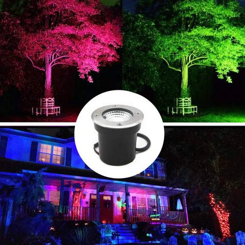 Four Pack 3W 12V RGB In Ground Landscape Lights with Remote Control IP67 Waterproof Pathway Lights for garden and trees.