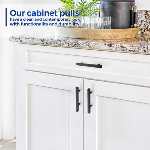 Kitchen cabinet with Matte Black Square Cabinet Handles 30 Pack Stainless Steel Pulls For Kitchen And Drawers installed