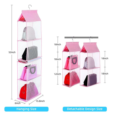 Space Saving Hanging Purse Organizer with four compartments, shown in pink, hanging and detachable design, 52x15.8x6 inches.
