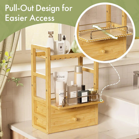 Bamboo Bathroom Countertop Organizer With 2 Tier Makeup Storage And 2 Drawers, featuring pull-out tray and skincare items.