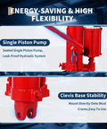 Red 8-ton hydraulic engine hoist with clevis base and air pump for shop cranes and garage lifts