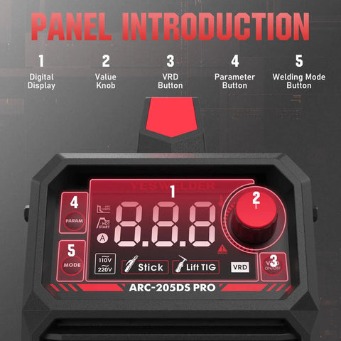 205 Amp Stick Welder Workhorse With Large LED Display showing control panel with buttons and digital screen