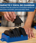 Top Shelf Corner Routing Guide System For Handheld Trim Routers And Workbench Tables with black profiles in blue holder.
