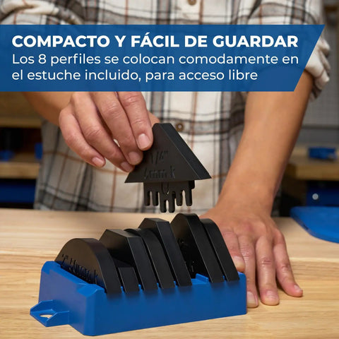 Top Shelf Corner Routing Guide System For Handheld Trim Routers And Workbench Tables with black profiles in blue holder.