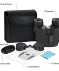 12x25 Compact Binoculars For Adults And Kids With Large Eyepieces shown with carrying pouch, eyepiece cover, strap, and cleaning cloth