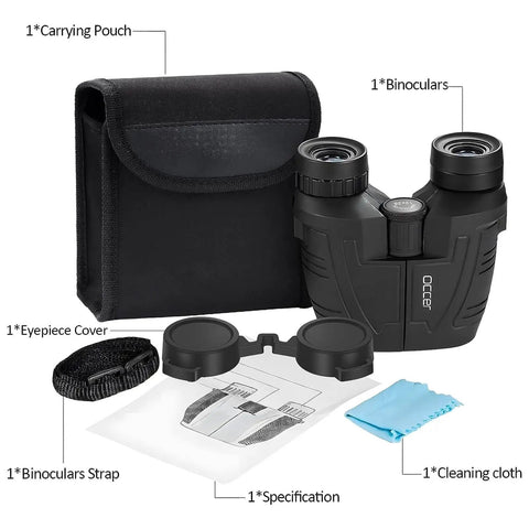 12x25 Compact Binoculars For Adults And Kids With Large Eyepieces shown with carrying pouch, eyepiece cover, strap, and cleaning cloth