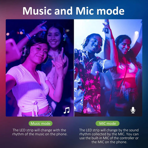 52.5ft Rainbow RGB IC LED Strip Lights Outdoor With Music Sync in party setting with dancing people under colorful lights