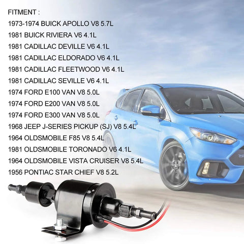 Universal Micro Inline Electric Fuel Pump 12V Low Pressure Five Sixteenths Inch Fittings Quiet Operation For Gasoline And Diesel Vehicles Wide Application E8012S Cross Reference Compatible shown with compatible vehicle list.