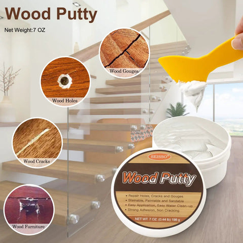Water Based Wood Filler White Wood Putty For Trim And Cabinet Repair Paintable Stainable Formula in 7 Oz container and tool.