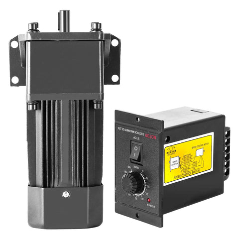 Front view: 250W variable-speed AC gear motor with gearbox and mounting bracket; includes separate speed control box