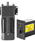 250W variable-speed AC gear motor with gearbox and mounting bracket; black body with speed controller unit.