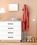 White dresser with Set Of 10 Matte Black 5 Inch Arch Pulls With Curved Flat Square Design Solid Zinc Alloy Construction shown in a modern entryway.