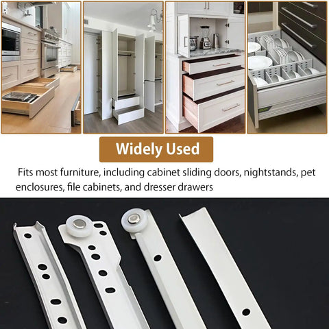 22 Inch Soft Close Drawer Slides 1 Pair Heavy Duty Side and Bottom Mount Glides for Cabinets and Dressers Replacement White 55lb Capacity With Quiet Smooth Nylon Rollers showing 22-inch white metal slides and cabinet use