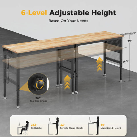 Beefy 96 Inch Adjustable Heavy Duty Workbench With 2000 Lb Load Capacity Rubber Wood Surface showing adjustable height levels.