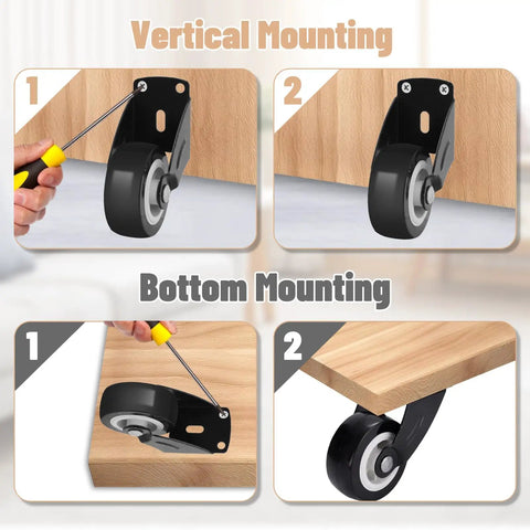Heavy Duty 2 Inch Gate Caster Wheels 8 Pack installation guide for vertical and bottom mounting on wooden surfaces.