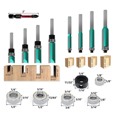 Image showing 8 Piece Router Bit Set with 4 Flush Trim Bits, 4 Pattern Flush Trim Bits, 2 impact magnetic bits, bearings, and wrenches.
