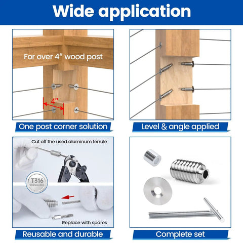 Patent Pending Invisible Cable Railing Kit With 40 Tensioners And 80 Aluminum Ferrules For 4x4 6x6 8x8 Wood Posts Wide Application