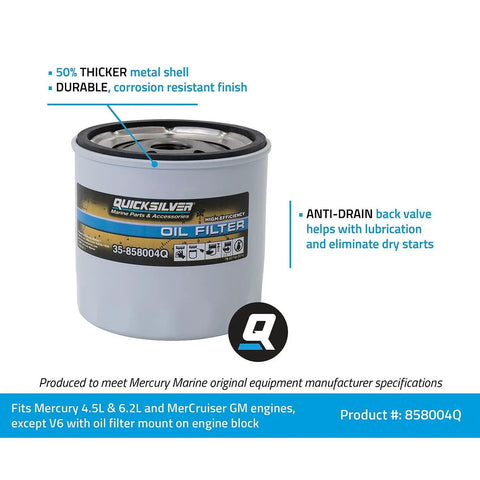 High Performance Oil Filter 858004Q for MerCruiser Sterndrive and Inboard Engines with anti-drain back valve, label detail
