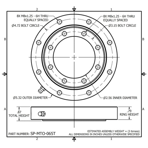 Technical drawing of Interchange Slewing Bearing for Turntable with 5.32 inch OD and 2.56 inch ID, featuring dimensions and specifications.