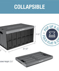 Collapsible Storage Bins With Lids Charcoal 3 Pack 62L showing one bin unfolded and folded flat with measurements.