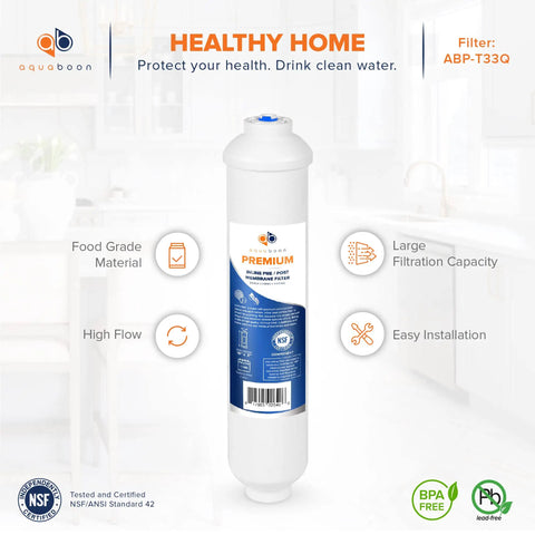 Heavy Duty Inline Polishing Carbon Water Filter Cartridge For Reverse Osmosis Systems With Quick Connect Fitting And Standard Size Compatible With Icf 10 Provides Smooth No Sweat Setup And Straight Up Clean Taste 6 Pack on a kitchen background.