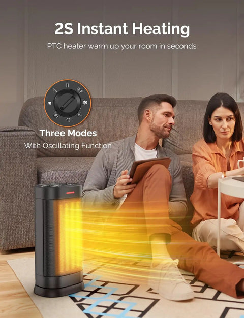 Two-Second 1500W Indoor Space Heater With PTC Ceramic Core showing heating effect near couple in living room