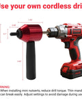 Rivet Nut Drill Adapter Kit With 13 Mandrels And 290 Rivet Nuts Converts Cordless Drill Or Ratchet Wrench Into A Fast Heavy Duty Riveting System Includes Metric And SAE Sizes And Rugged Storage Case shown attached to a red cordless drill.