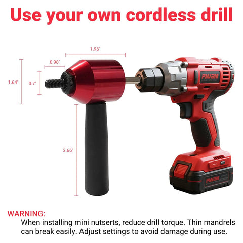 Rivet Nut Drill Adapter Kit With 13 Mandrels And 290 Rivet Nuts Converts Cordless Drill Or Ratchet Wrench Into A Fast Heavy Duty Riveting System Includes Metric And SAE Sizes And Rugged Storage Case shown attached to a red cordless drill.