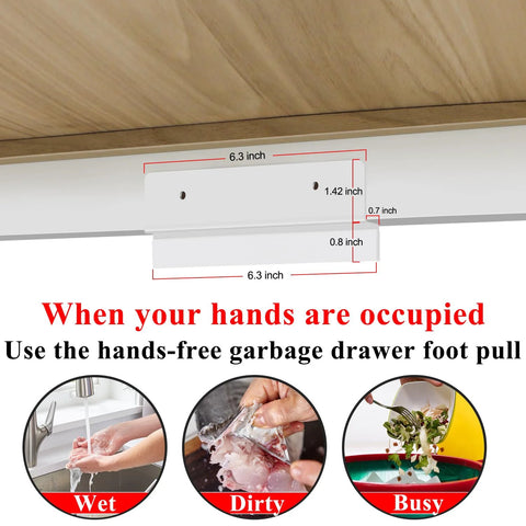 Hands Free Cabinet Foot Pull For Trash Drawer, size and installation guide, durable stainless steel, white finish, easy mounting