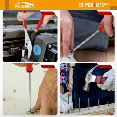Beefy 12 Piece Hand Tool Set With Toolbox For Home Garage And Diy Includes CRV Pliers Set Precision Wire Cutters Dual Use Screwdrivers Adjustable Wrench Rubber Mallet And Claw Hammer in use.