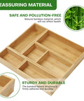 Game Changing Bamboo Drawer Organizer Set Featuring Adjustable Dividers To Keep Vanity Makeup Kitchen Cutlery Office Essentials And Crafting Gear Neatly Sorted, showcasing five compartments.