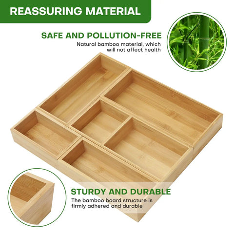 Game Changing Bamboo Drawer Organizer Set Featuring Adjustable Dividers To Keep Vanity Makeup Kitchen Cutlery Office Essentials And Crafting Gear Neatly Sorted, showcasing five compartments.