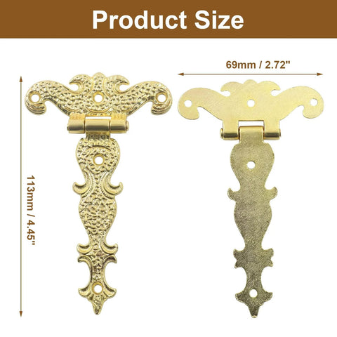 Antique Gold Medieval Door Hinges 4 Pcs 4.45 By 2.72 Inches T Strap Hinge Retro Carved Hardware Product Size Display