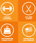 Illustration showing icons for strength, durability, cut and stick features, multipurpose use, and homegrown USA company.