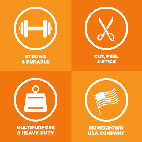 Illustration showing icons for strength, durability, cut and stick features, multipurpose use, and homegrown USA company.