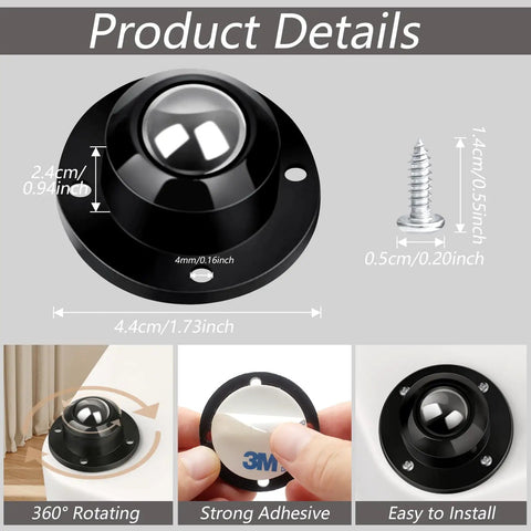 Total Game Changer For Moving Stuff With These Super Smooth Self Adhesive Swivel Caster Wheels Easy Peel Stick Mount Low Profile Glides For Appliances Storage Bins And Trash Cans 28 Pound Load Pack Of 12 Black black swivel caster with adhesive backing, measuring 44mm by 24mm, showcasing its easy installation.