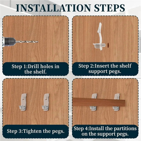 Installation guide for Clear Plastic Shelf Clips 40 or 50 Piece Set Self Locking Cabinet Support Pegs