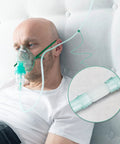 ANSNF oxygen tubing swivel connector, white, 360° rotation, shown attached to oxygen mask and tubing