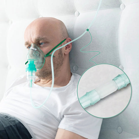 ANSNF oxygen tubing swivel connector, white, 360° rotation, shown attached to oxygen mask and tubing