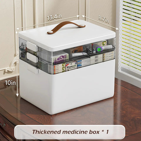 Must Have Three Tier Medicine Organizer With Leather Handle Portable Cabinet For Pills And First Aid Supplies For Home Storage Keeps Meds Neat And Accessible Great For Countertop Or Nightstand, shown on a wooden table with dimensions labeled.