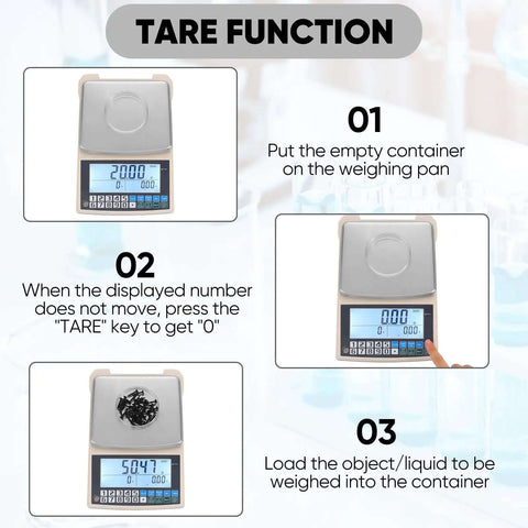 Instructions for using tare function on Pro Grade 0.01g Lab Scale With 5000g Capacity, Gram Counting Balance, RS232 Port, Battery Included.