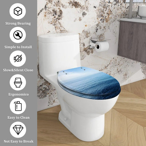 Elongated Resin Toilet Seat for Bathroom with ocean design, fits most toilets, easy to clean, simple to install.