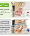 Vixino vacuum sealer bags front view showing water-submersion air valves; compares with older bag design.