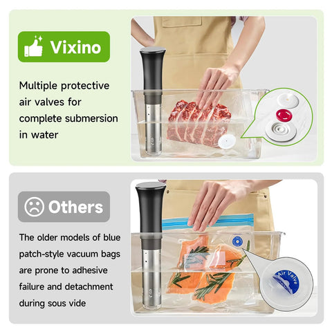 Vixino vacuum sealer bags front view showing water-submersion air valves; compares with older bag design.