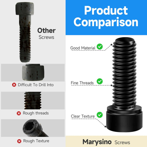 Comparison of 159Pcs M6 Black Oxide Carbon Steel Hex Socket Head Cap Screws with other screws showing texture and material quality.