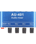 Front view of Mini Stereo Audio Mixer 4 In 1 Out With Independent Channel Volume Controls And Bass Treble Adjustments, blue shell.