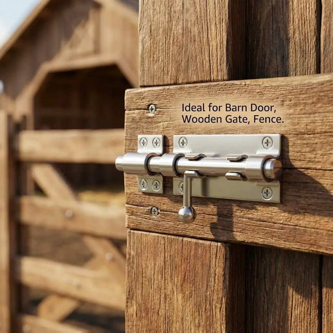 Heavy Duty Six Point Three Inch Stainless Steel Sliding Gate Bolt Lock With Padlock Ready Opening And No Sweat Mounting Kit For Barn Doors Backyard Fences And Garden Gates mounted on wooden gate.
