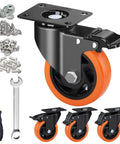 Front view: four 4-inch orange PU locking caster wheels with mounting plate; set of four